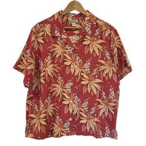 Tommy Bahama Womens Large Red Silk Tropical Palm Leaf Floral Camp Shirt Hawaiian